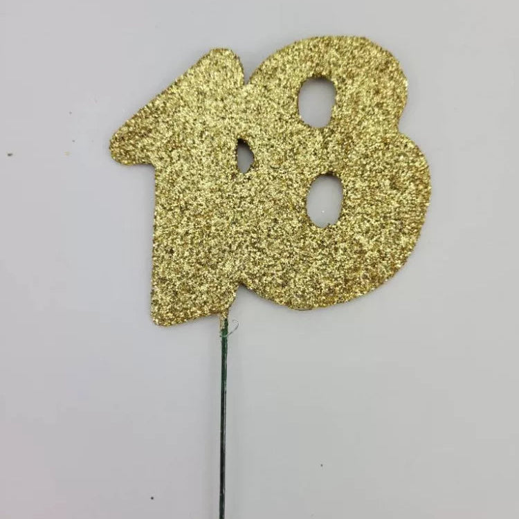 Gold glitter number on wire stick - 18