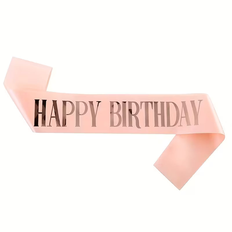 Happy Birthday feliratos szatén vállszalag világos arany színben, rose gold fólianyomással
