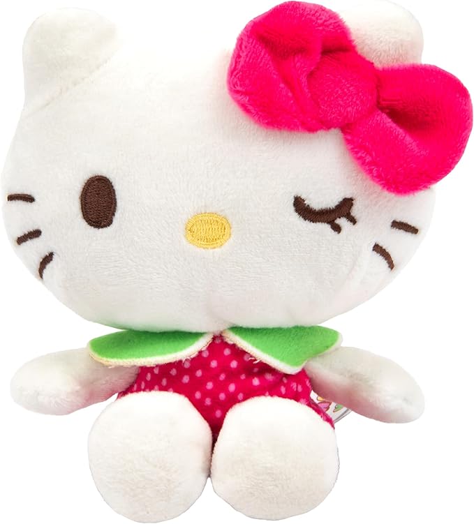12 cm-es Hello Kitty plüssfigura eperjelmezben, pink masnival és kacsintó szemmel — MeglepiMűhely apró ajándék