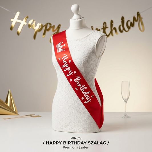 Piros Happy Birthday szülinapi szalag fehér felirattal és koronával manökenen — prémium szatén party kiegészítő MeglepiMűhely