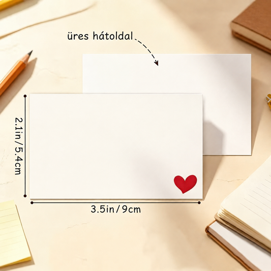 Fehér üzenetkártya méretei, 9 × 5,4 cm, piros szívvel és üres hátoldallal