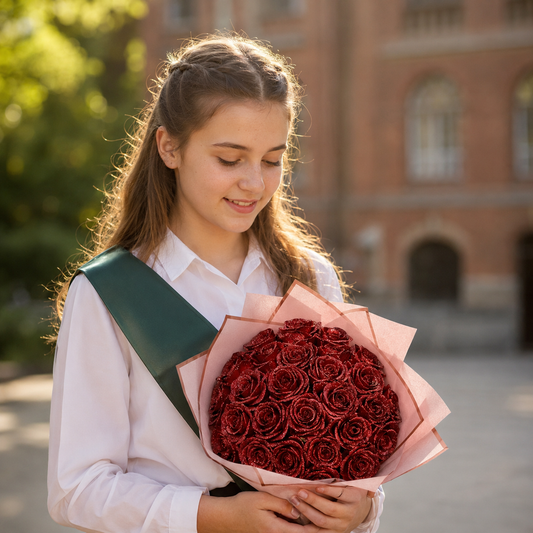 14 éves lány ballagási szalaggal és piros CsillagRózsa bouquet-tal általános iskolai ballagáson