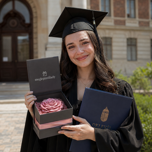 Diplomaosztó ajándék 2026: friss diplomás lány talárban CsillagRózsa díszdobozzal a kezében