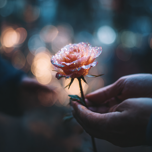 Férfi keze átadja a Csillag Rózsát egy mosolygó nőnek nőnap alkalmából.