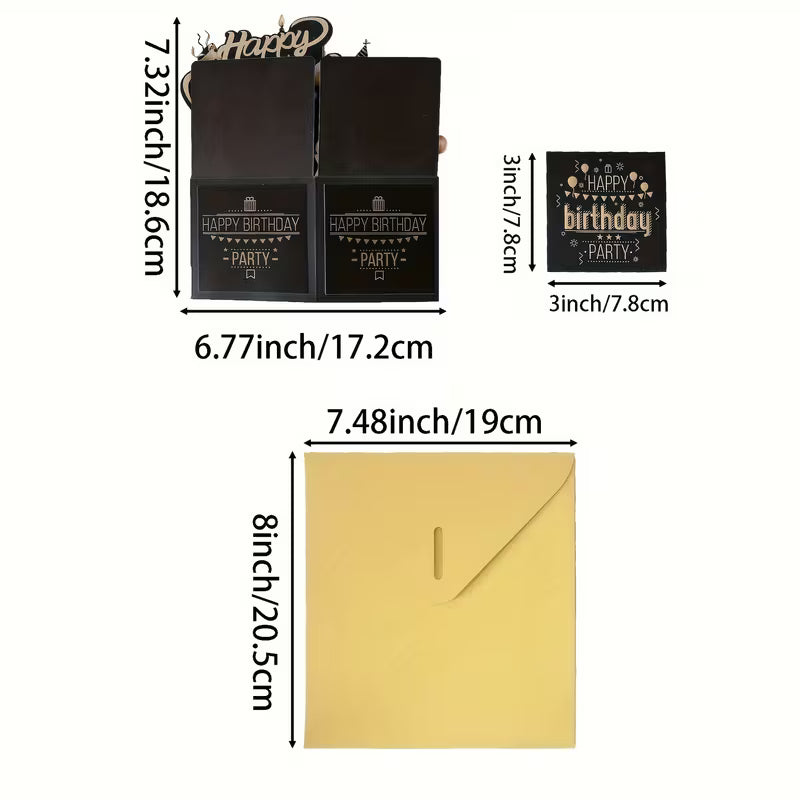 3D pop-up kártya méretei: kártya 17,2 × 18,6 cm, üzenőkártya 7,8 × 7,8 cm, boríték 19 × 20,5 cm