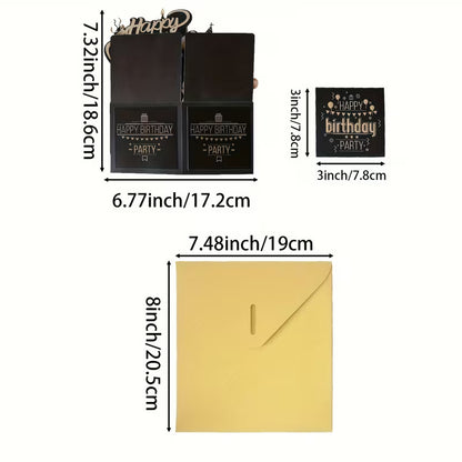 3D pop-up kártya méretei: kártya 17,2 × 18,6 cm, üzenőkártya 7,8 × 7,8 cm, boríték 19 × 20,5 cm