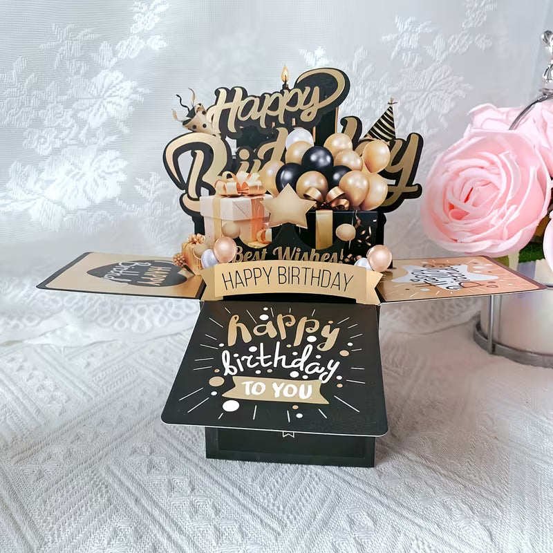 Kinyitott 3D pop-up születésnapi kártya elölről — Happy Birthday To You felirat, Best Wishes szalag, fekete-arany lufik