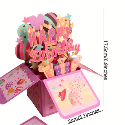 3D pop-up születésnapi kártya rózsaszín-pasztell színekben — lufik, gyertyák, ajándékok, jégkrém, méret: 8 × 17,5 cm