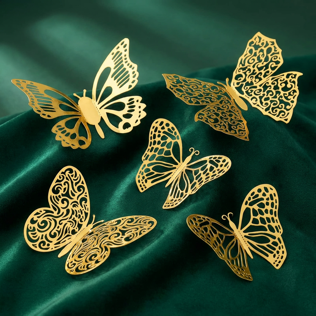 Arany színű 3D dekorációs pillangó műrózsa csokorra és virágboxra rögzítve