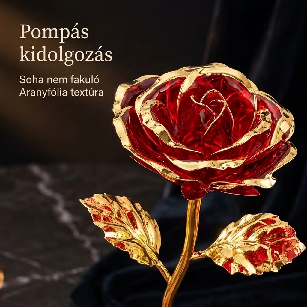 Aranyozott vörös rózsa közeli részlet — pompás kidolgozás, soha nem fakuló aranyfólia textúra a szirmokon