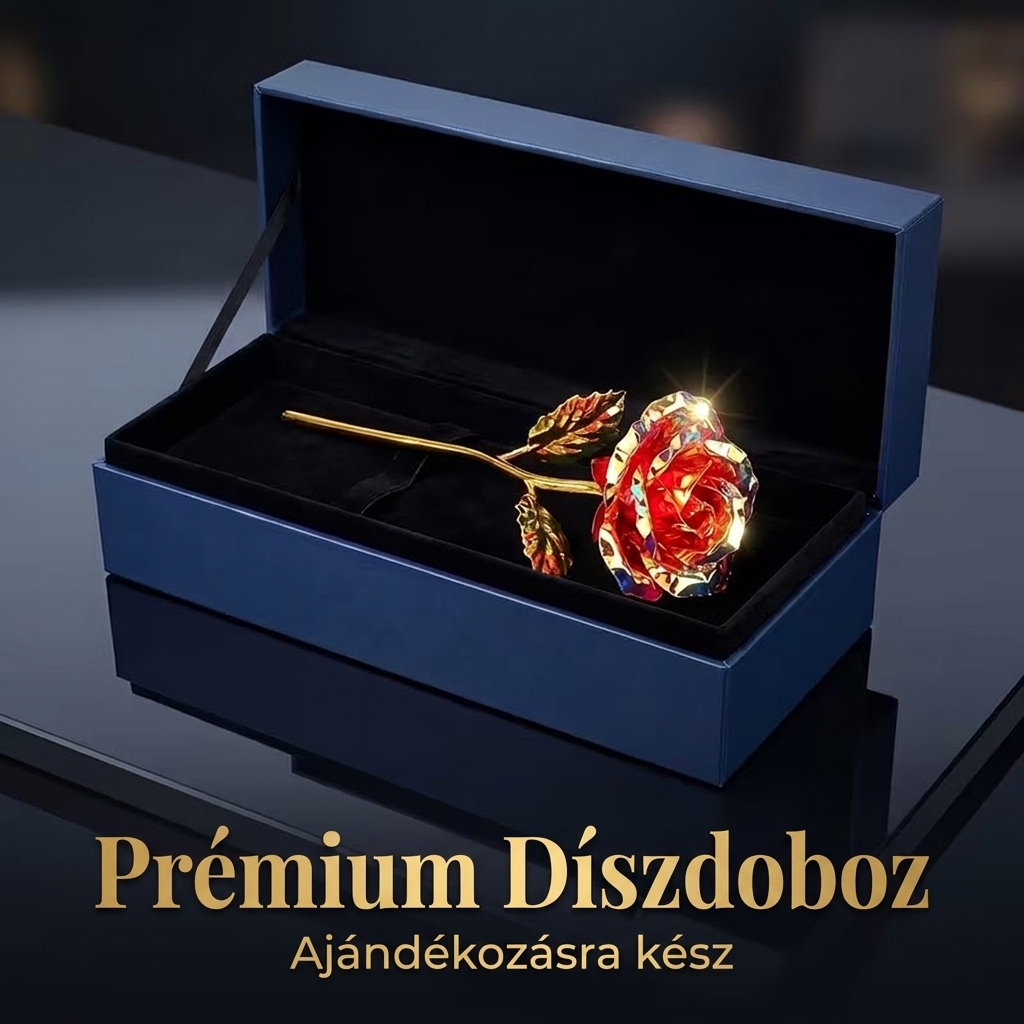 24K aranyozott vörös rózsa prémium sötétkék díszdobozban fekete bársony bélésssel — ajándékozásra kész