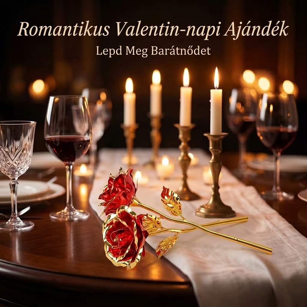 Két aranyozott vörös rózsa romantikus gyertyafényes vacsoraasztalon — Valentin-napi ajándék