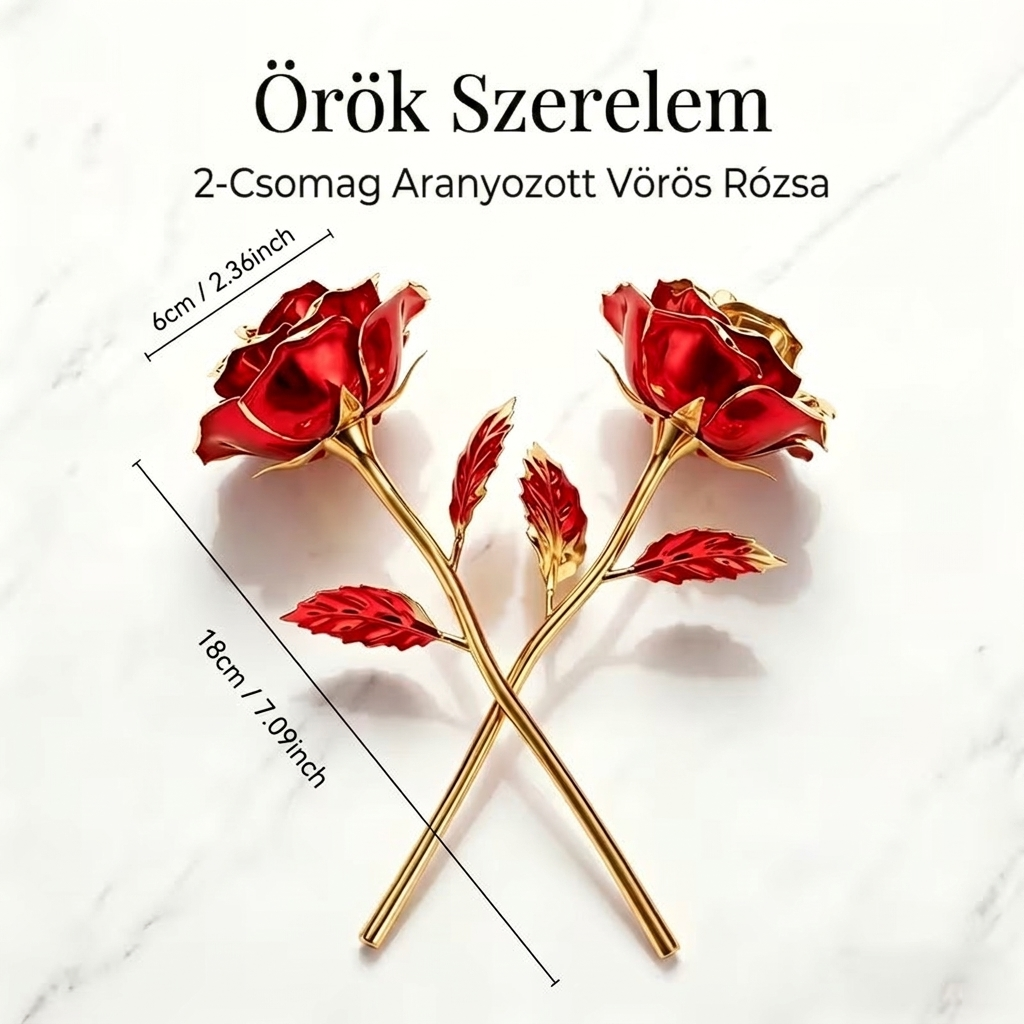 2 darabos aranyozott vörös rózsa csomag felülnézetből márványon — méret: 6 × 18 cm szálanként