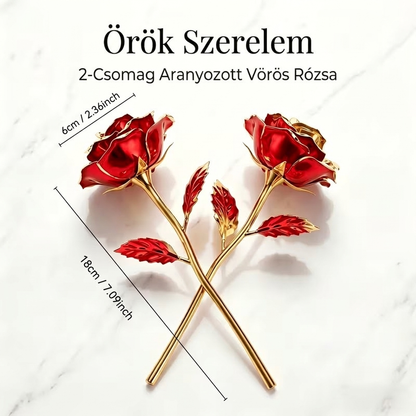 2 darabos aranyozott vörös rózsa csomag felülnézetből márványon — méret: 6 × 18 cm szálanként