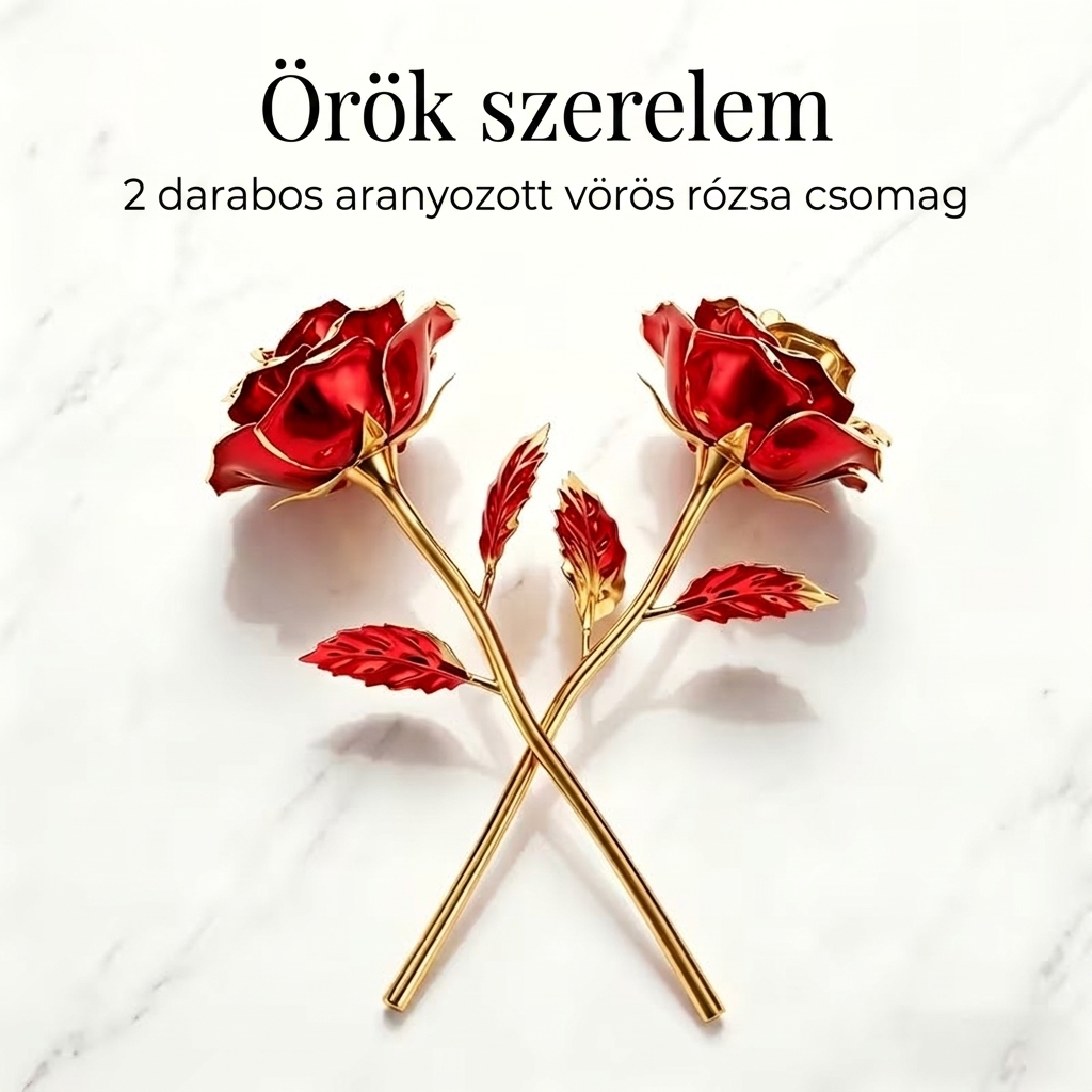 Örök szerelem — 2 darabos aranyozott vörös rózsa csomag márványháttéren