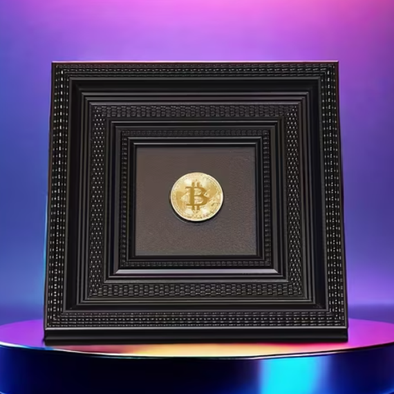 Bitcoin 3D keretkép faragott fekete díszkeretben aranyszínű érme replikával – férfi ajándék