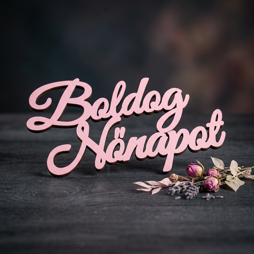 Nőnapi virágcsokorba tűzött rózsaszín Boldog Nőnapot fa felirat.