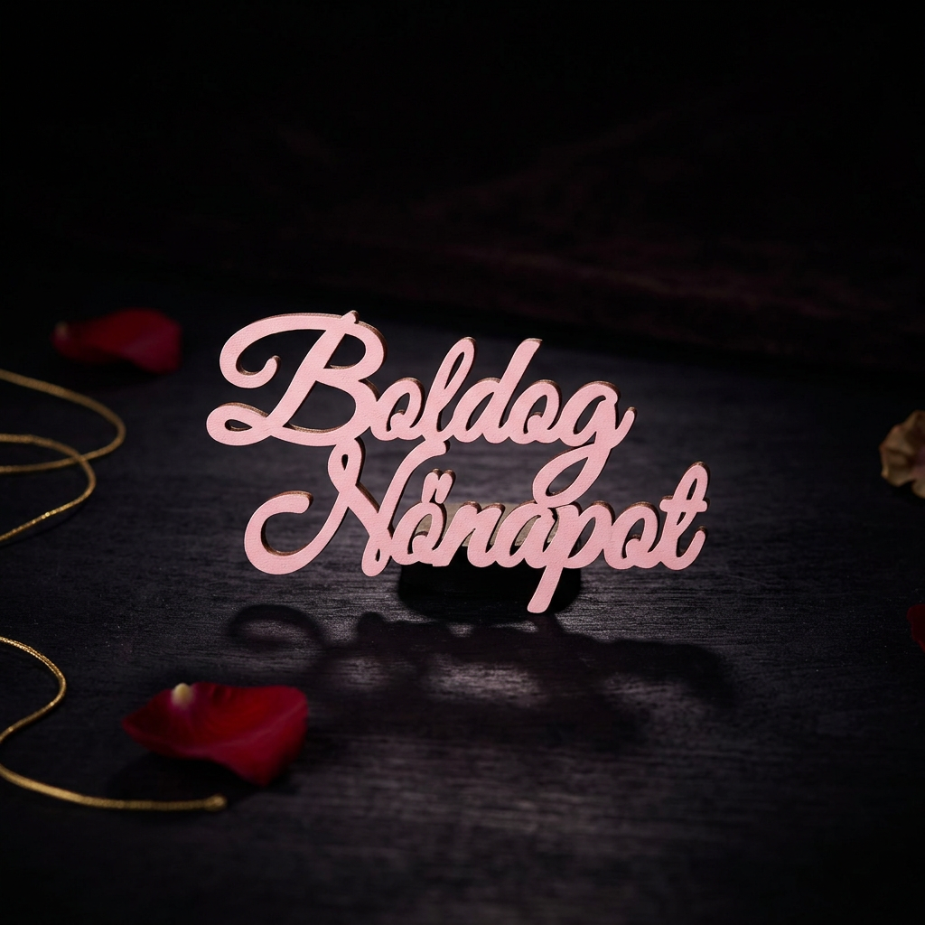 Rózsaszín, kalligrafikus betűtípusú Boldog Nőnapot fa felirat elölnézetből.