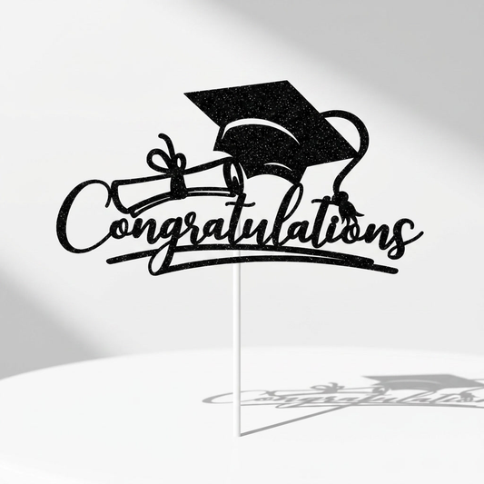 Csillámfekete Congratulations feliratú ballagási betűző diplomasapkával és oklevéllel, virágcsokorba