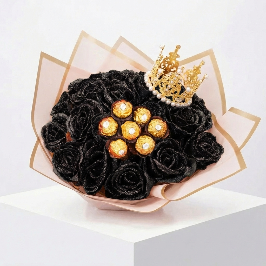 Elegáns fekete csillámrózsa csokor Ferrero édességgel.
