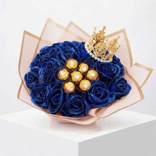 Különleges kék csillámos rózsacsokor Ferrero Rocher golyókkal.