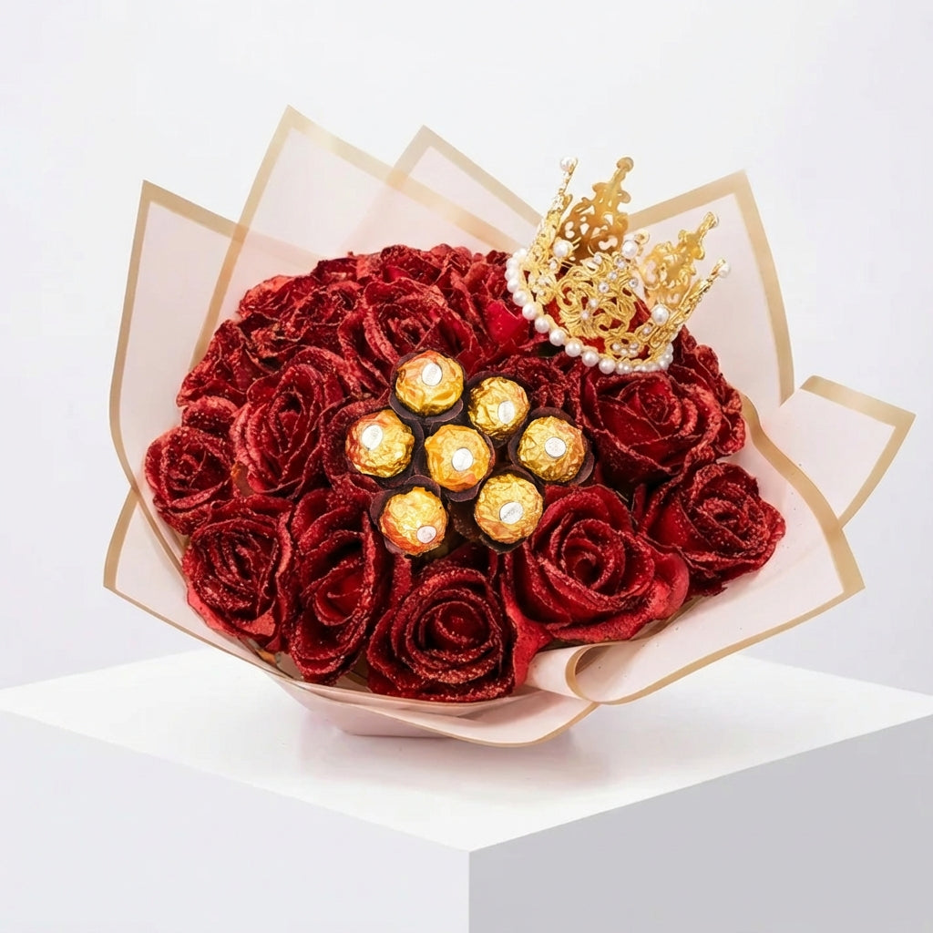 Piros CsillagRózsa csokor csillámos bevonattal és Ferrero Rocherrel.