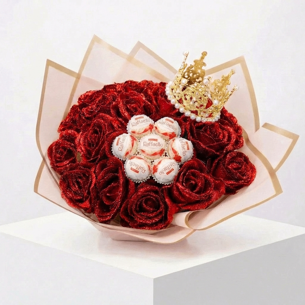 Prémium díszcsomagolású Raffaello édességcsokor, ajándékozásra kész állapotban