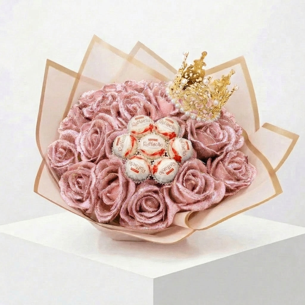 Részletgazdag közeli kép a csillámporos műrózsa szirmokról és a hófehér Raffaello édességről