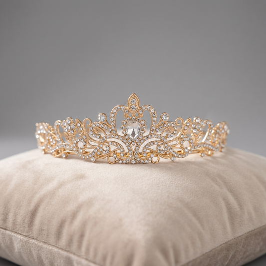 Nagy méretű, részletgazdag arany korona dísz rózsacsokrok és virágboxok luxus kiegészítéseként.