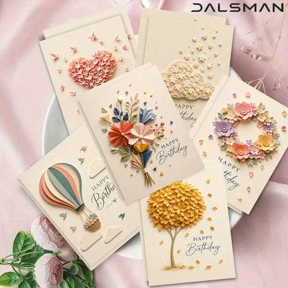 6 DALSMAN születésnapi üdvözlőlap rózsaszín háttéren — elegáns természetes minták, Happy Birthday felirat
