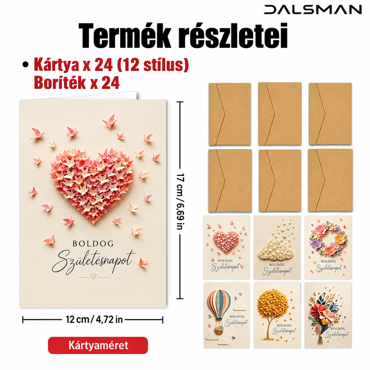 DALSMAN Boldog Születésnapot üdvözlőlap szett — 24 kártya 12 stílusban, 24 kraft borítékkal, kártyaméret 12 × 17 cm