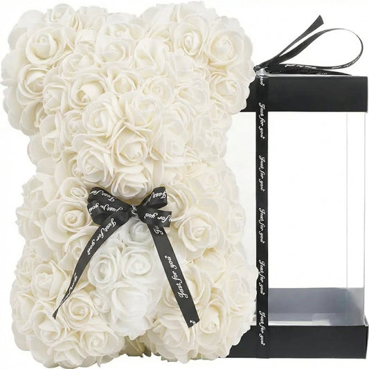 Fehér rózsa mackó prémium díszdobozban – kézzel készített műrózsákból, MeglepiMűhely