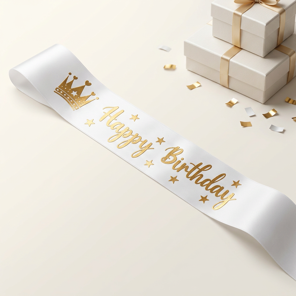 Happy Birthday felirattal díszített fehér szatén szülinapi szalag, arany koronával és csillagokkal — prémium ajándékkiegészítő MeglepiMűhely