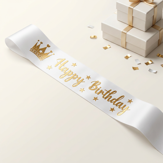 Happy Birthday felirattal díszített fehér szatén szülinapi szalag, arany koronával és csillagokkal — prémium ajándékkiegészítő MeglepiMűhely