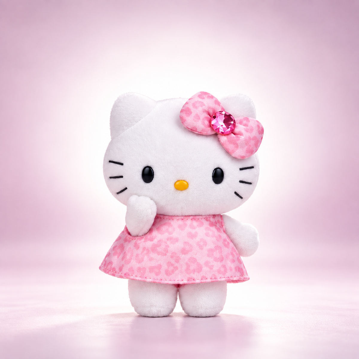 Rózsaszín leopárdmintás ruhás és masnis Hello Kitty plüss figura csillogó kristállyal