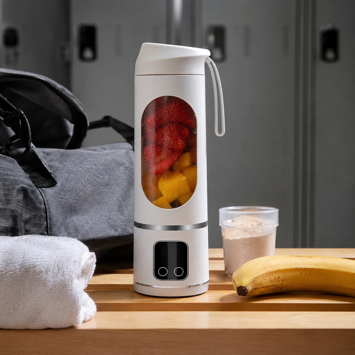 Hordozható turmixgép edzőtáska mellett az öltözőpadon