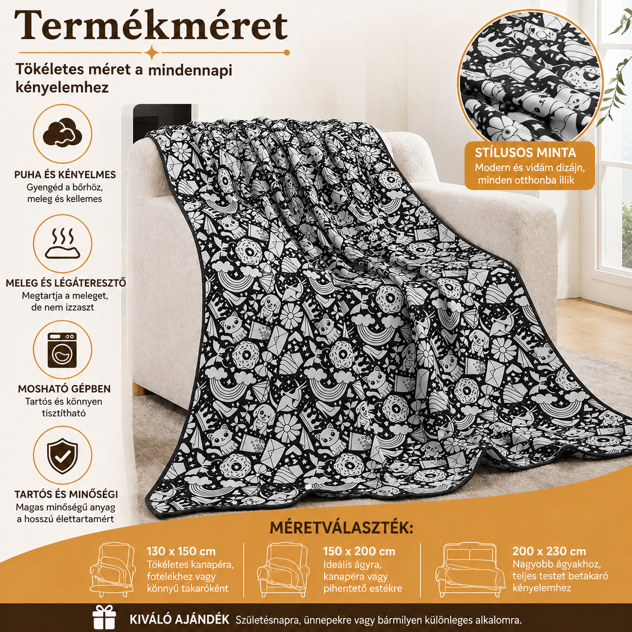 Kiszínezhető takaró méretei: 150 × 115 cm, alatta a 24 textilfilc és a tárolótok