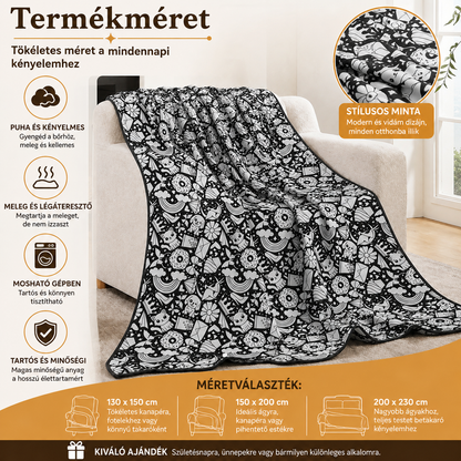 Kiszínezhető takaró méretei: 150 × 115 cm, alatta a 24 textilfilc és a tárolótok