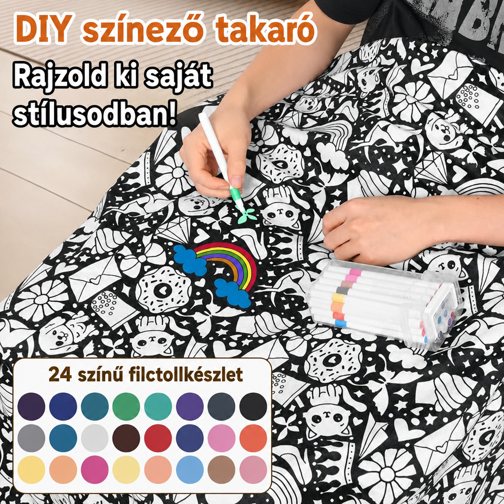 Kéz textilfilccel színezi a takaró rajzait, mellette a 24 színes filc tokban