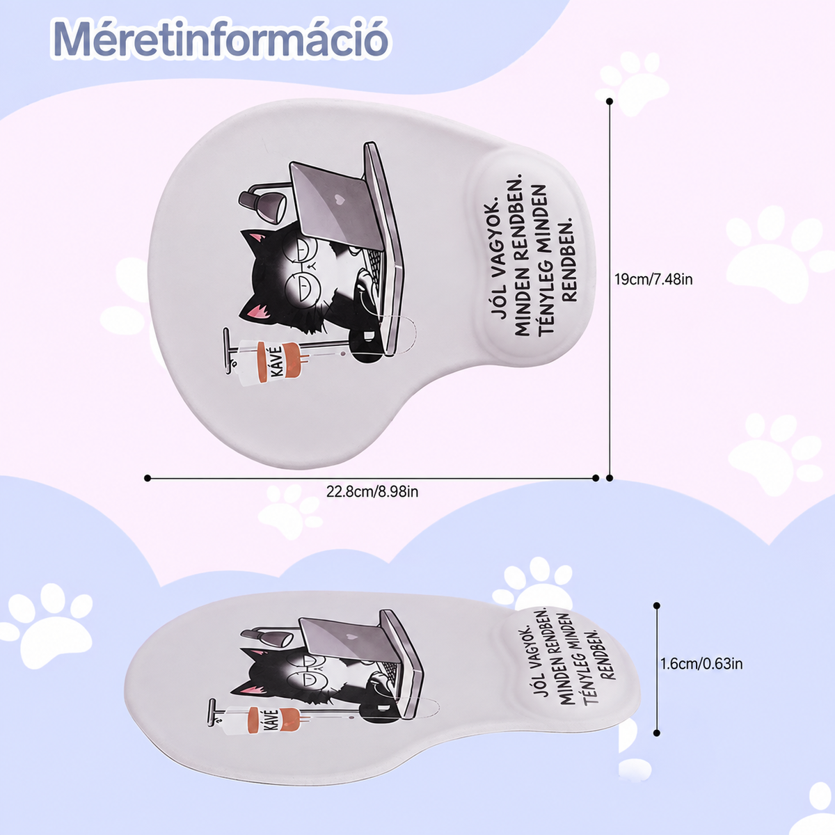 Macskás ergonomikus egérpad csuklótámasszal méretinformáció – 22,8 × 19 × 1,6 cm
