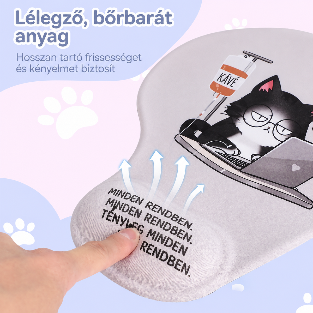Macskás egérpad lélegző bőrbarát felület közelről – hosszan tartó kényelem