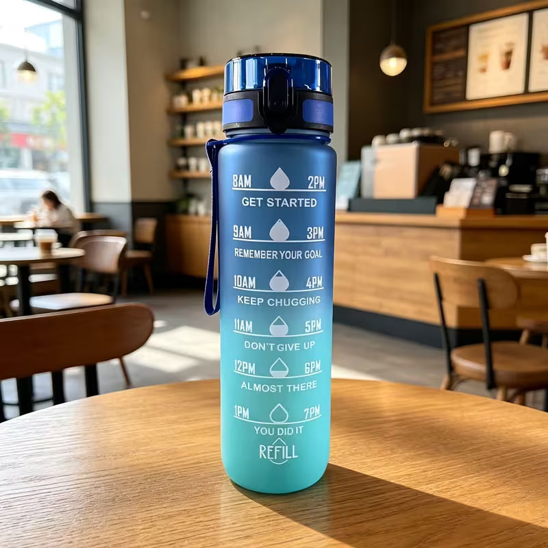 1000 ml-es motivációs kulacs kék-türkiz színátmenettel, óránkénti időjelöléssel és motivációs feliratokkal, hordozópánttal