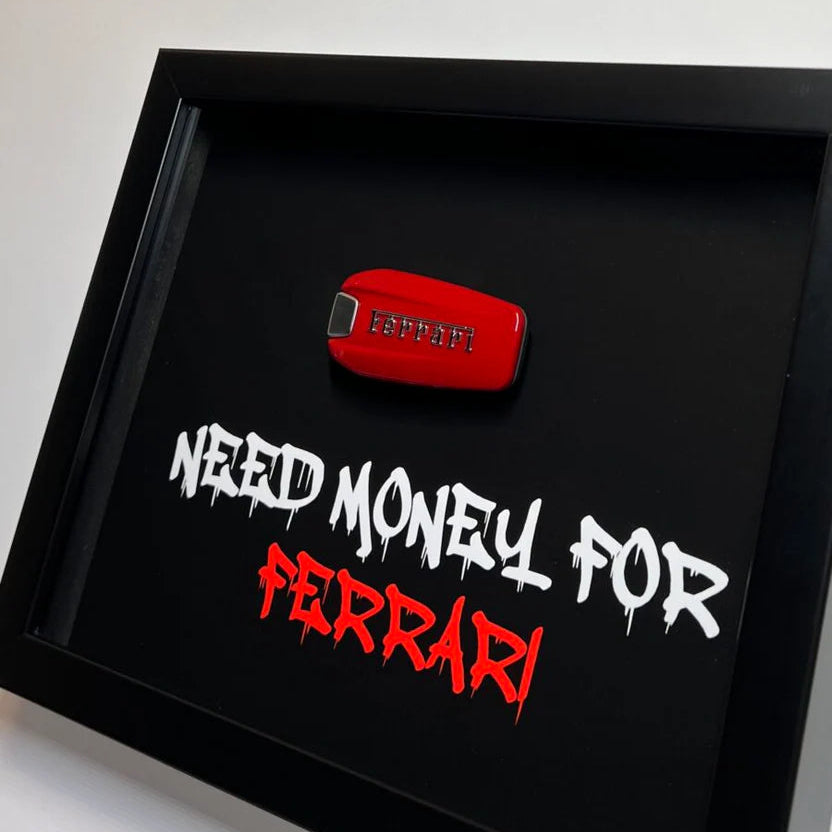 Need Money for Ferrari fekete mélykeret piros Ferrari-stílusú replika kulccsal és graffiti felirattal – férfi ajándék