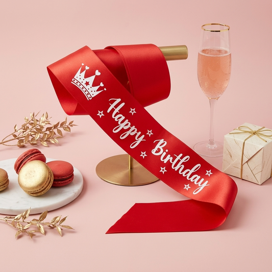 Piros prémium szatén Happy Birthday szülinapi szalag fehér koronás felirattal, pezsgő és ajándékdoboz mellett — luxus szülinapi ajándék