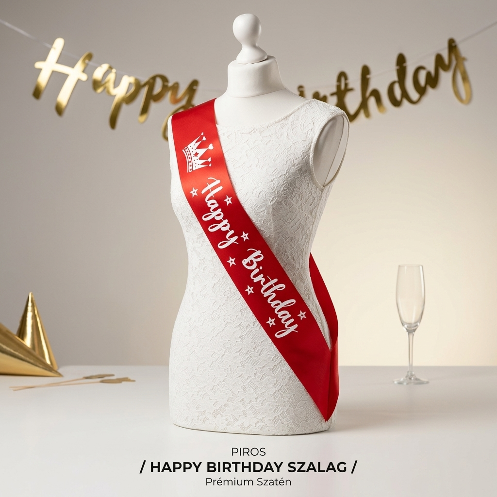 Piros Happy Birthday szülinapi szalag fehér felirattal és koronával manökenen — prémium szatén party kiegészítő MeglepiMűhely