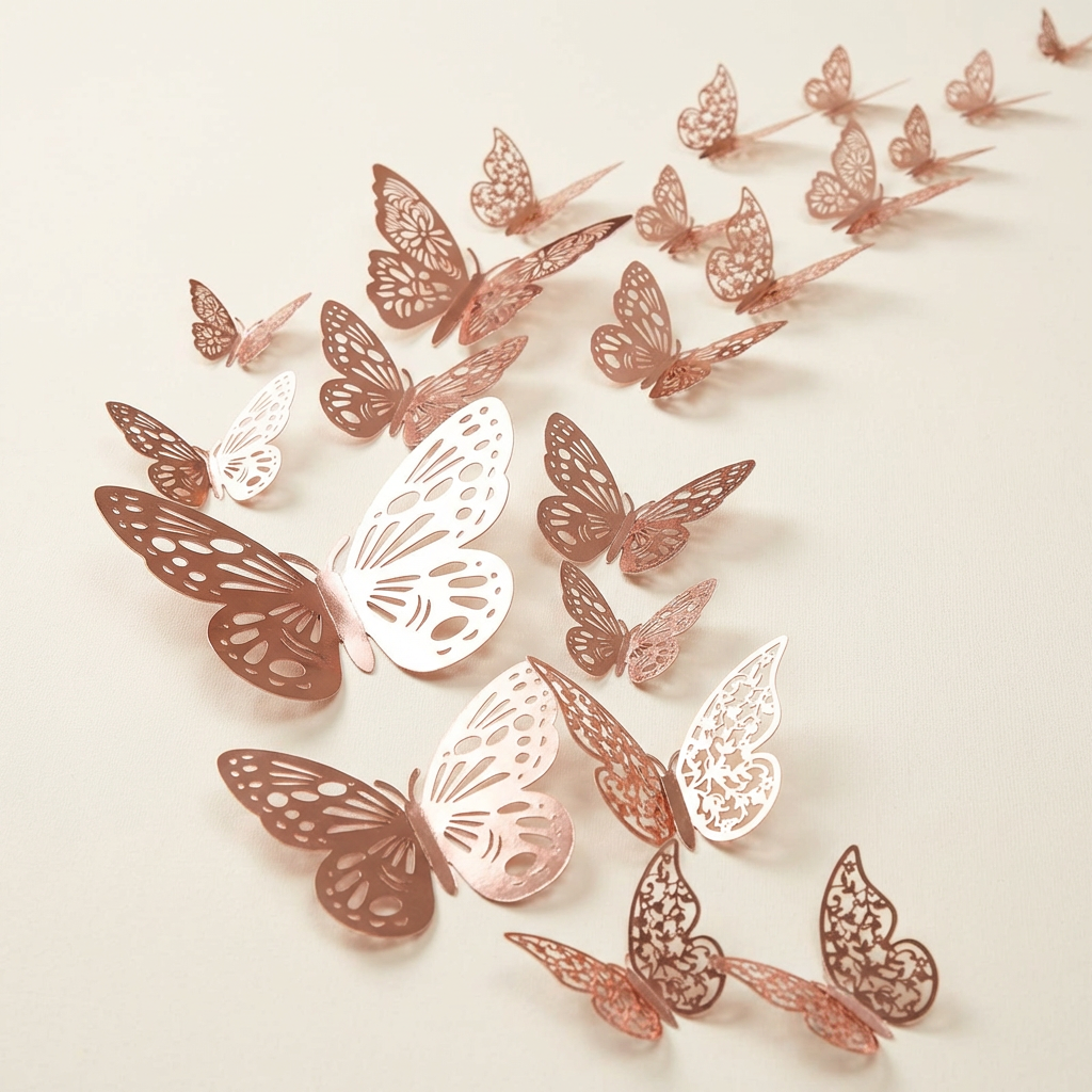 Rosegold színű 3D dekorációs pillangó műrózsa csokorra és virágboxra rögzítve