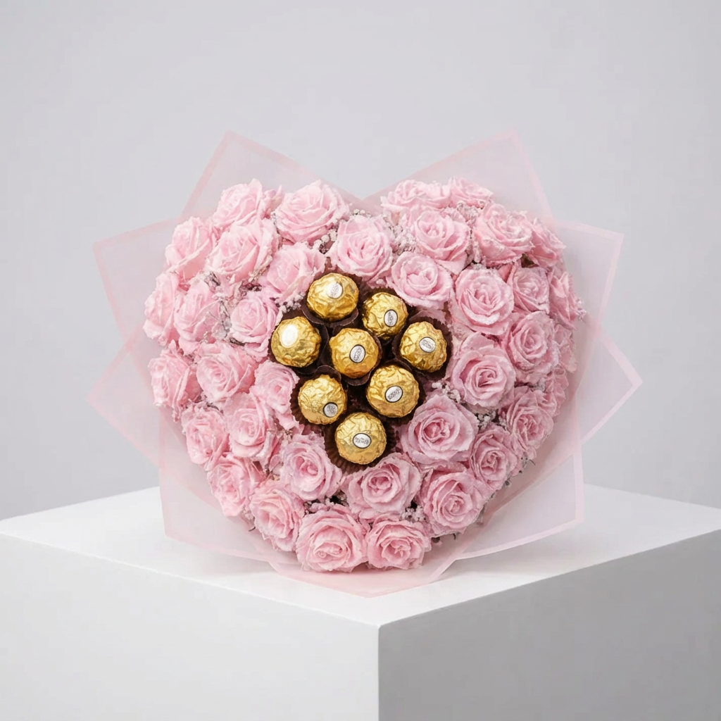 Rózsaszín csillagrózsa szív kompozíció 7 db Ferrero Rocher desszerttel a közepén