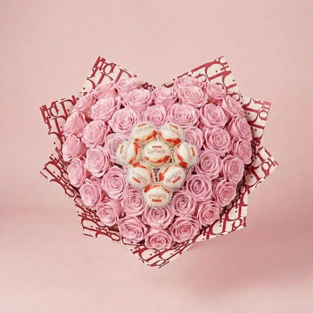 Rózsaszín csillagrózsa szív kompozíció 7 db Raffaello golyóval a közepén