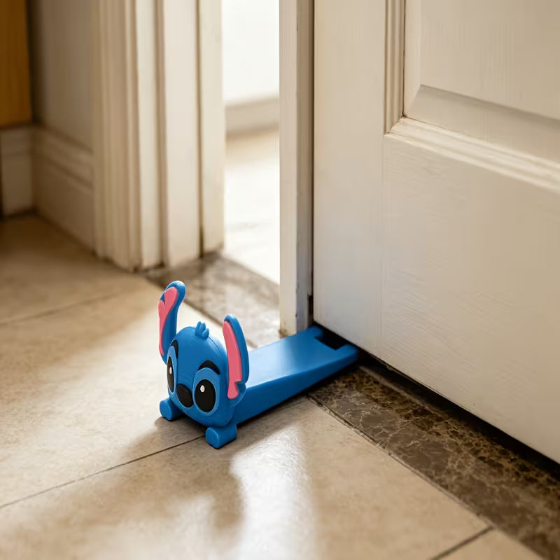 Aranyos Stitch ajtóék használat közben, ahogy stabilan megtartja a nyitott ajtót a parkettán.