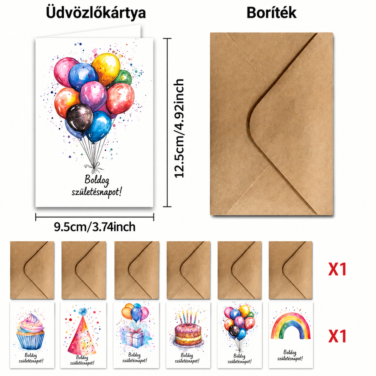 Kihajtható születésnapi képeslap mérete, 9,5 × 12,5 cm, mellette kraftpapír boríték